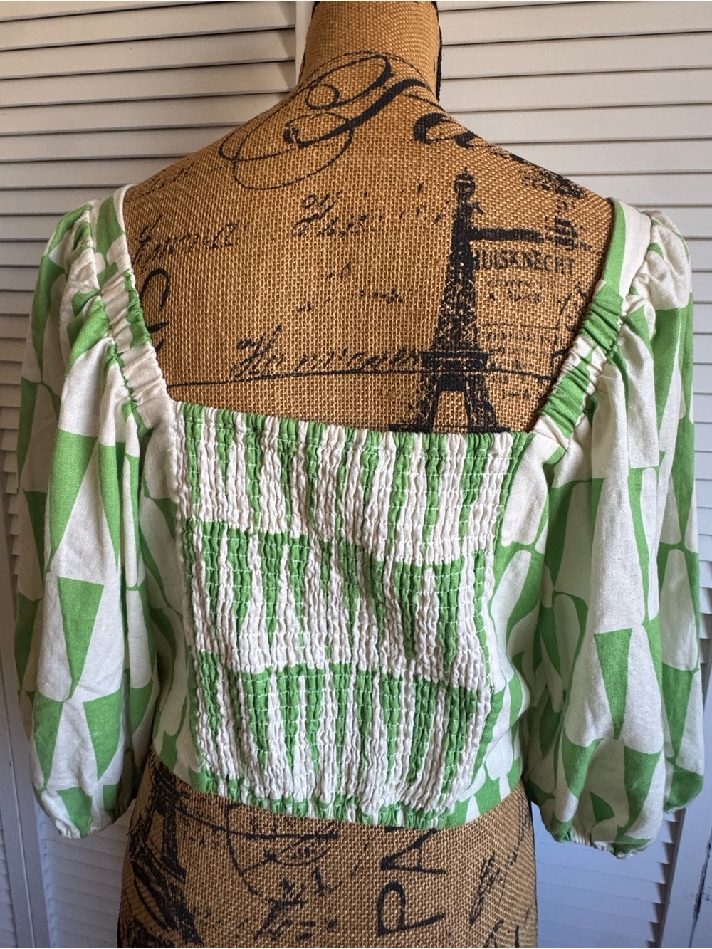 Anthropologie Green /white Geometric Puff-Sleeve Tunic Top - Picture 2 of 7
